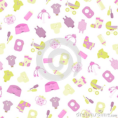 Baby goods. Pattern of baby goods icons. Children flat icons. Vector Illustration