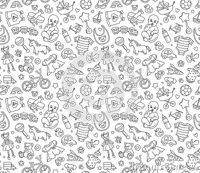 Baby goods store seamless background pattern Newborn products and toys Vector Illustration