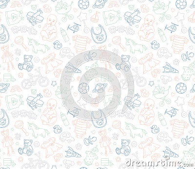 Baby goods store seamless background pattern Newborn products and toys Vector Illustration