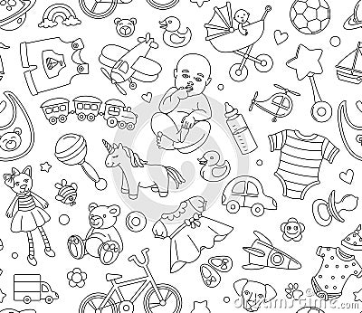 Baby goods store seamless background pattern Newborn products and toys Vector Illustration