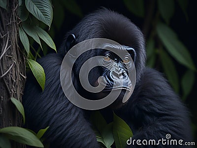 A baby gorilla looking for its mother in the middle of the forest Stock Photo