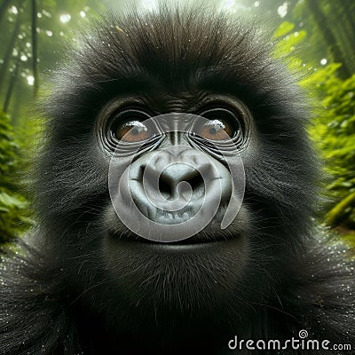 Baby gorilla peers into viewpoint, in unique portrait Stock Photo