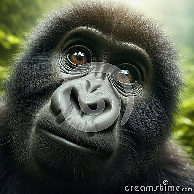 Baby gorilla peers into viewpoint, in unique portrait Stock Photo