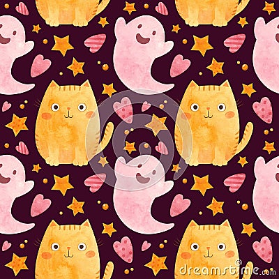 Baby Halloween seamless pattern with pink ghosts and plump ginger cats. Stock Photo