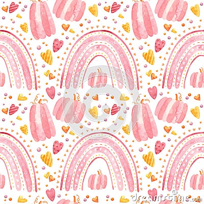 Baby Halloween seamless pattern with pink rainbows and pumpkins. Stock Photo