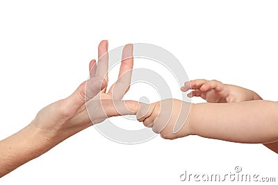 Baby hands grabbing her mother finger Stock Photo