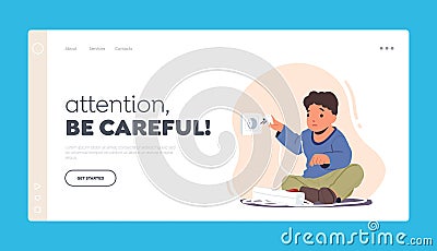 Hazard Attention Landing Page Template. Kid In Dangerous Situation, Child Play With Electricity Turn on Plug in Socket Vector Illustration