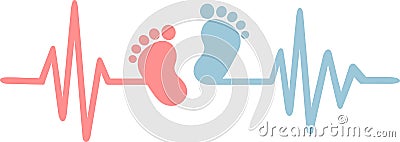 Baby heartbeat line with footprints Vector Illustration