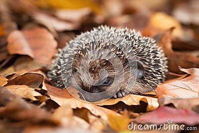 baby hedgehog, curled up and sleeping, surrounded by hundreds of fallen autumn leaves Stock Photo