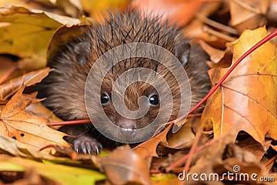 baby hedgehog in a pile of crisp autumn leaves, with its quills visible Stock Photo