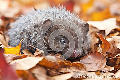 baby hedgehog rolling in a pile of autumn leaves, its white belly fur on display Stock Photo