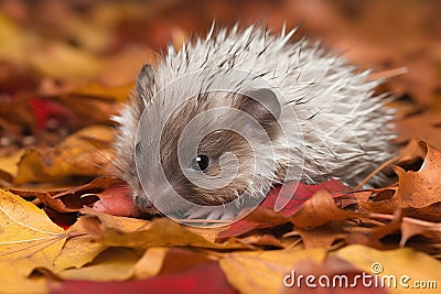 baby hedgehog rolling in a pile of autumn leaves, its white belly fur on display Stock Photo