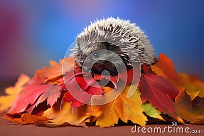 baby hedgehog seated atop pile of colorful autumn leaves Stock Photo