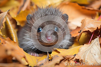 baby hedgehog sitting in pile of fallen leaves, its brown fur and white quills visible Stock Photo