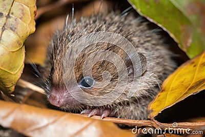 a baby hedgehog snuggled between the leaves and twigs, its quills still soft Stock Photo