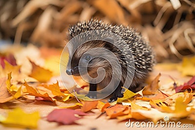baby hedgehog standing tall on pile of autumn leaves, with its quills fully uncurled Stock Photo