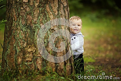 Baby hiding behind tree in park Stock Photo