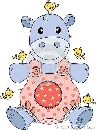 Baby hippo with little yellow birdies Vector Illustration