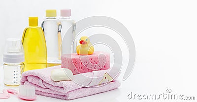 Baby hygiene essentials still life Stock Photo