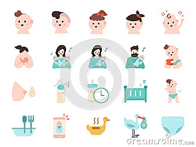 Baby icon set. Included icons as newborn, infant, kid, children, parent and more. Vector Illustration