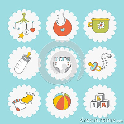 Baby icons set. Cute things on a blue background Vector Illustration
