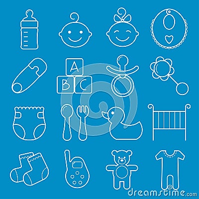 Baby icons set. Isolated on blue background. Cartoon Illustration