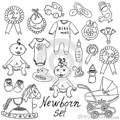 Baby icons, toys, clothes and cradle, hand drawn sketch vector illustration Vector Illustration