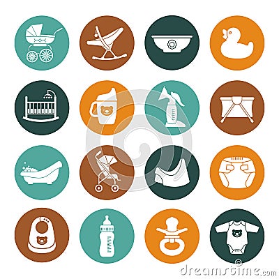 Baby icons. Toys, clothes, strollers and more Vector Illustration