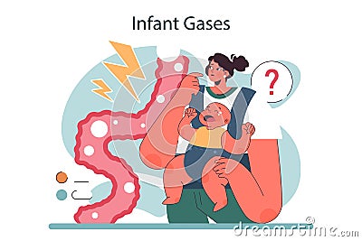 Baby infant crying. Newborn kid suffering from bowel gases. Baby colic, Vector Illustration