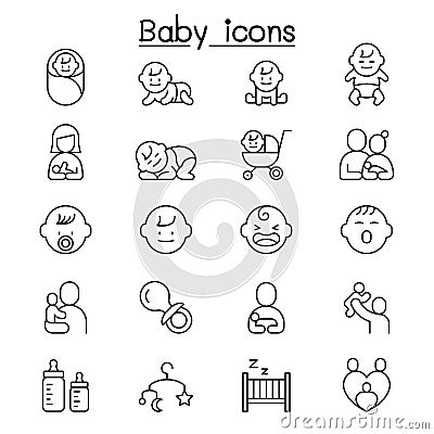 Baby, Infant icon set in thin line style Vector Illustration