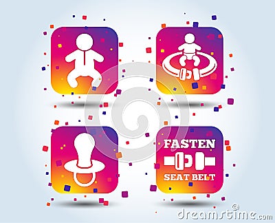 Baby infants icons. Fasten seat belt symbols. Vector Illustration