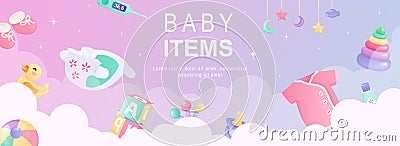 Baby items horizontal web banner. Kid toys, booties, diapers, ball, pacifier, bodysuit, pyramid and other newborn elements. Vector Vector Illustration