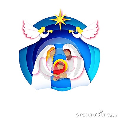 Baby Jesus Christ. Holy Child and Family. Mary and Joseph. Birth of Christ.Star of Bethlehem - East comet. Nativity Vector Illustration