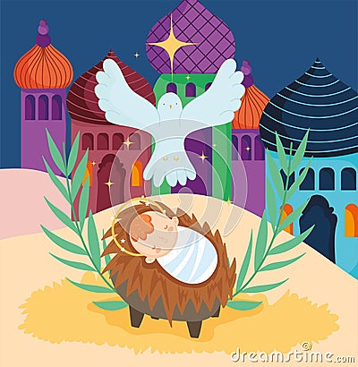 Baby jesus crib and pigeon star nativity merry christmas Vector Illustration