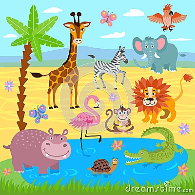 Baby jungle and safari zoo animals vector nature background Vector Illustration