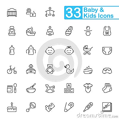 Baby and kids outline icons. Vector Illustration
