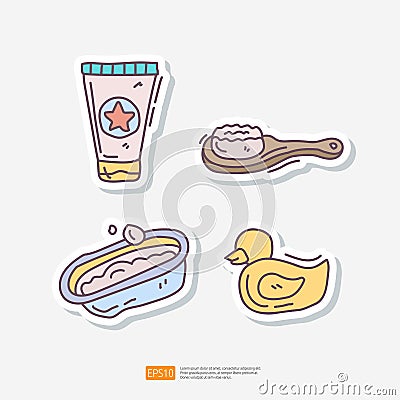 Baby and Kids Sticker Doodle Icon Set. Bathtub, Lotion, Rubber Duck, Comb. Baby Care Items Vector Illustration Vector Illustration