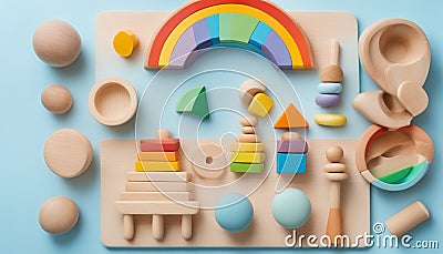 Baby kids toy for children. Educational Montessori learning wooden toys with rainbow, stacking blocks, organic teethers building Stock Photo