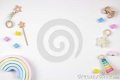 Baby kids toys frame on white background. Top view. Flat lay. Copy space for text Stock Photo