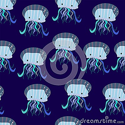 Vector seamless cartoon funny pattern, print, texture with jelly fish on the dark blue background Vector Illustration