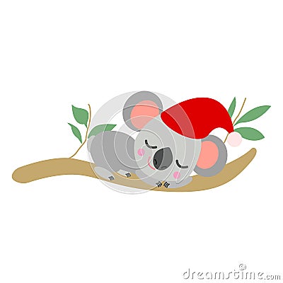 Baby koala sleeping in red Christmas hat on eucalyptus tree. Simple flat illustration. Minimalist cartoon style. Funny and cute. Vector Illustration