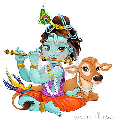 Baby Krishna with sacred cow Vector Illustration