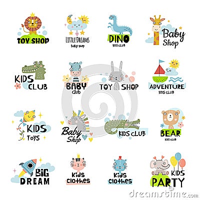 Baby labels. Funny and cute symbols for kids playground or education places recent vector badges template Vector Illustration