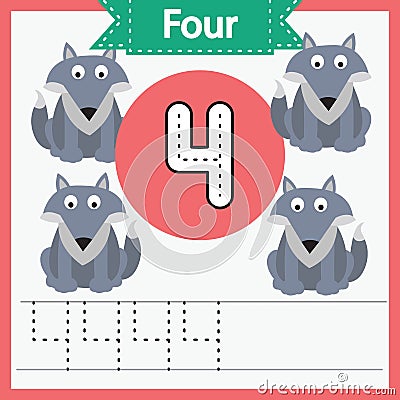 Baby learning cards, numbers with animals_4 Vector Illustration