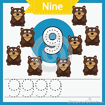 Baby learning cards, numbers with animals_9 Vector Illustration