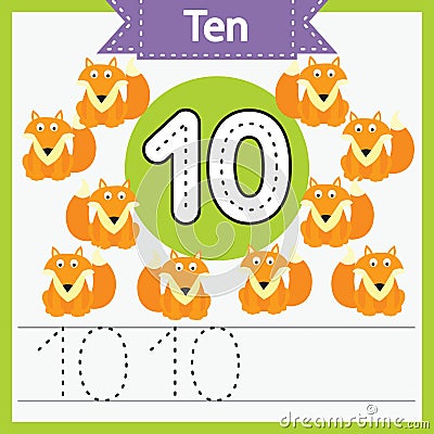Baby learning cards, numbers with animals_10 Vector Illustration