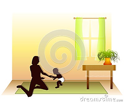 Baby Learning To Walk In House Cartoon Illustration