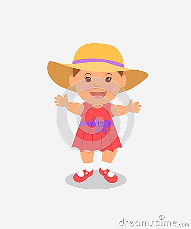 Baby learns to walk. girl in a pink dress and panama on a light background Vector Illustration