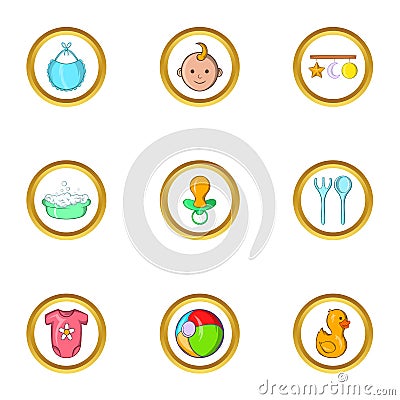 Baby life icon set, cartoon style Vector Illustration