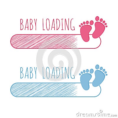 Baby loading concept with progress bar and pink and blue footsteps vector illustration set. Vector Illustration